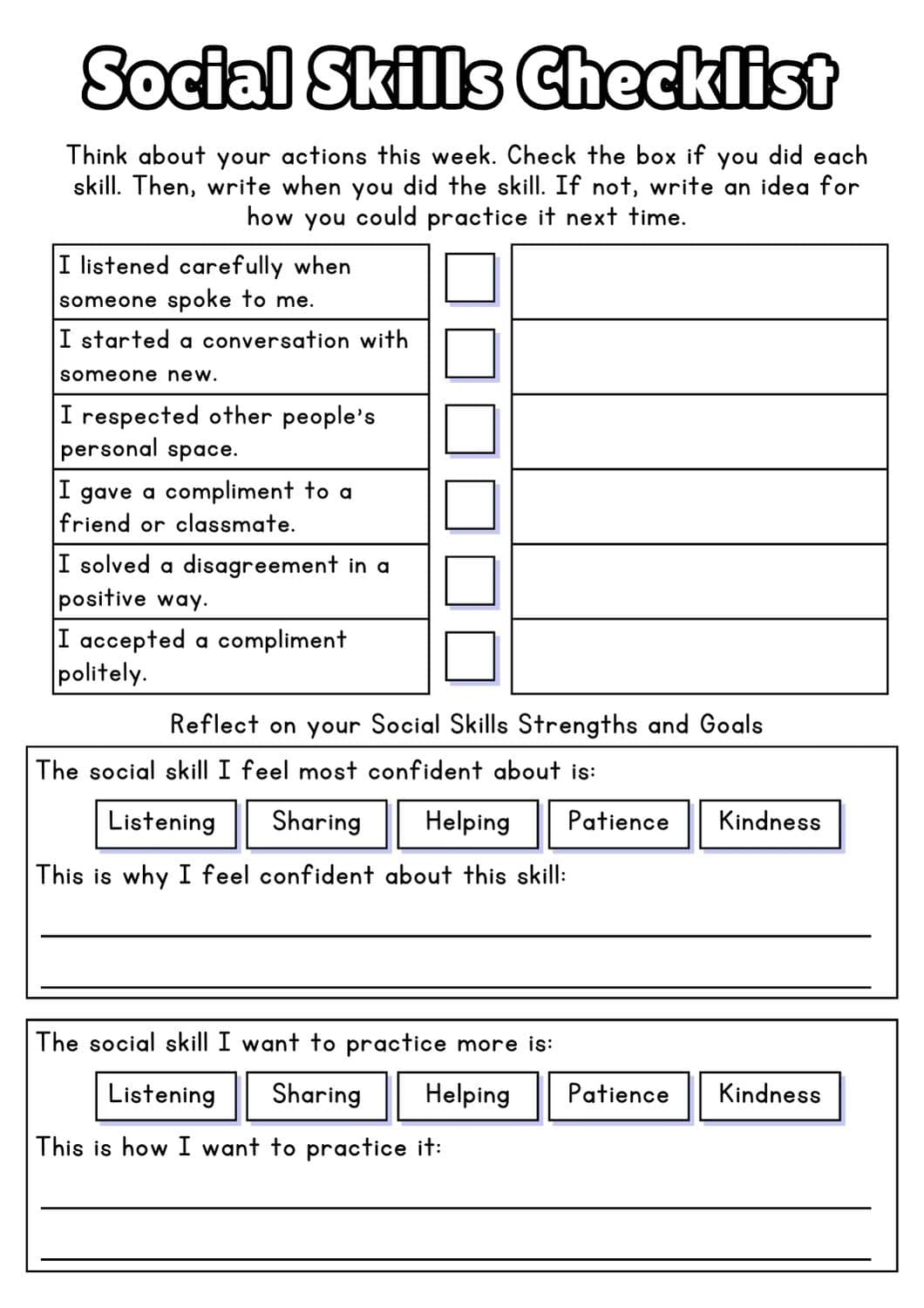 Social Skills For Kids Worksheets Printable
