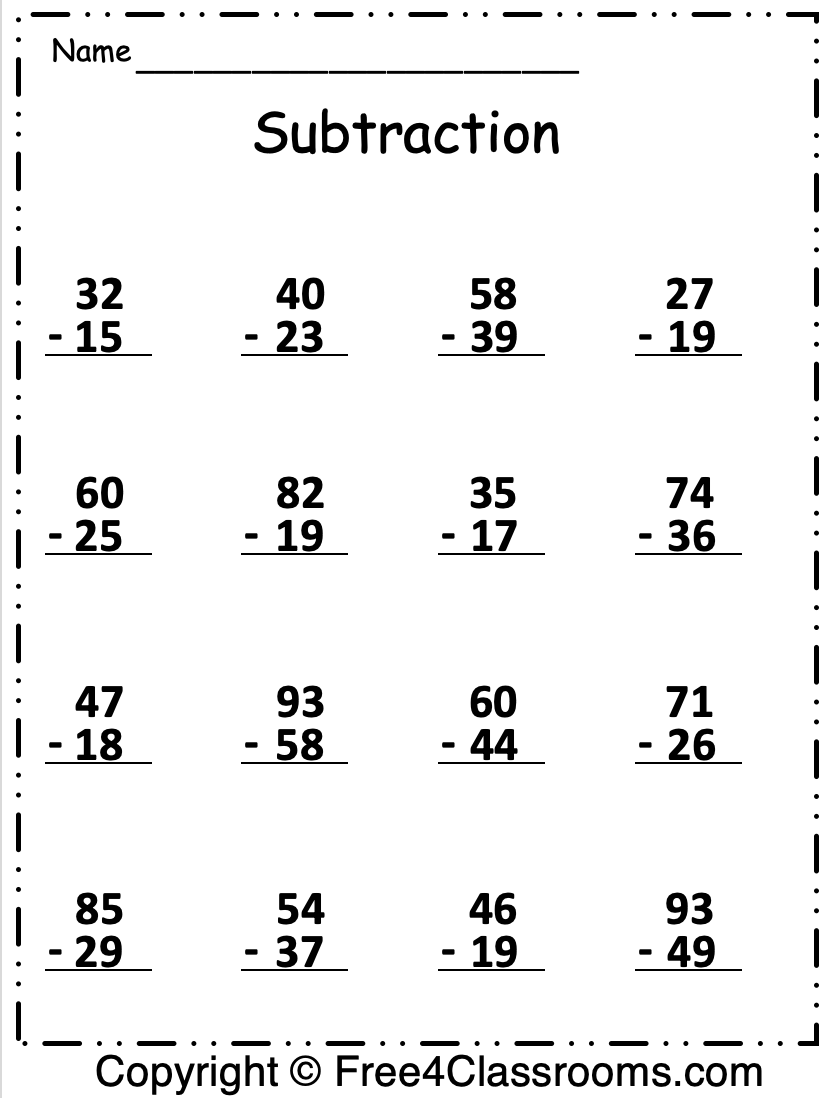Free Subtraction 2 Digit Regrouping Worksheet