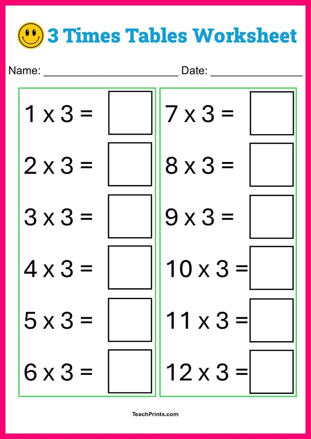 Free Three Times Tables Worksheets 8 Versions Teach Prints 3 Times Table