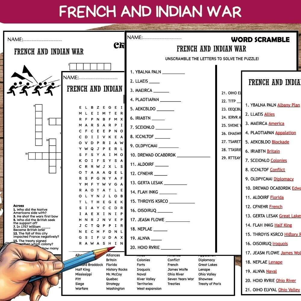 French And Indian War Seven Years War WORKSHEETS Word Scramble Crossword Wordsearch Made By Teachers