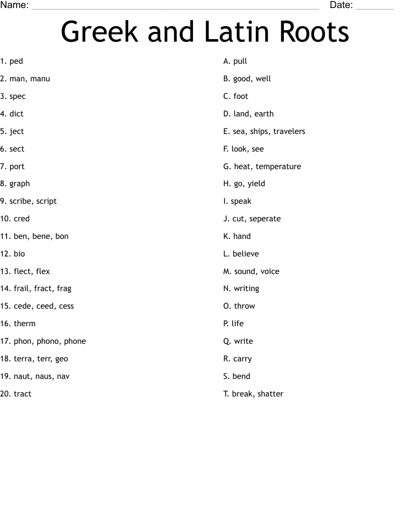 Root Words Latin And Greek Worksheet With Answers Made By Teachers
