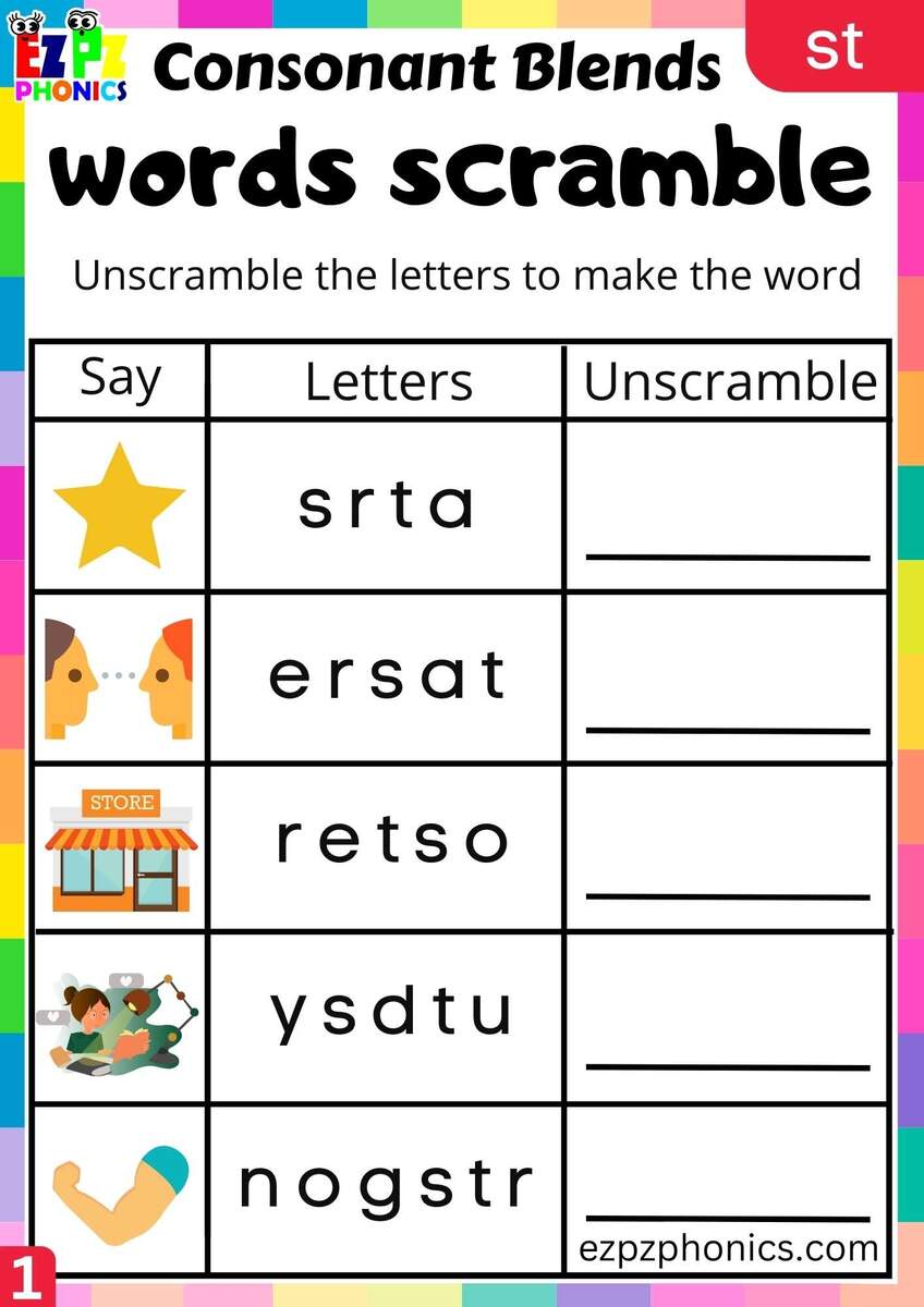 Group1 ST Words Words Scramble Phonics Consonant Blends Worksheet Ezpzphonics