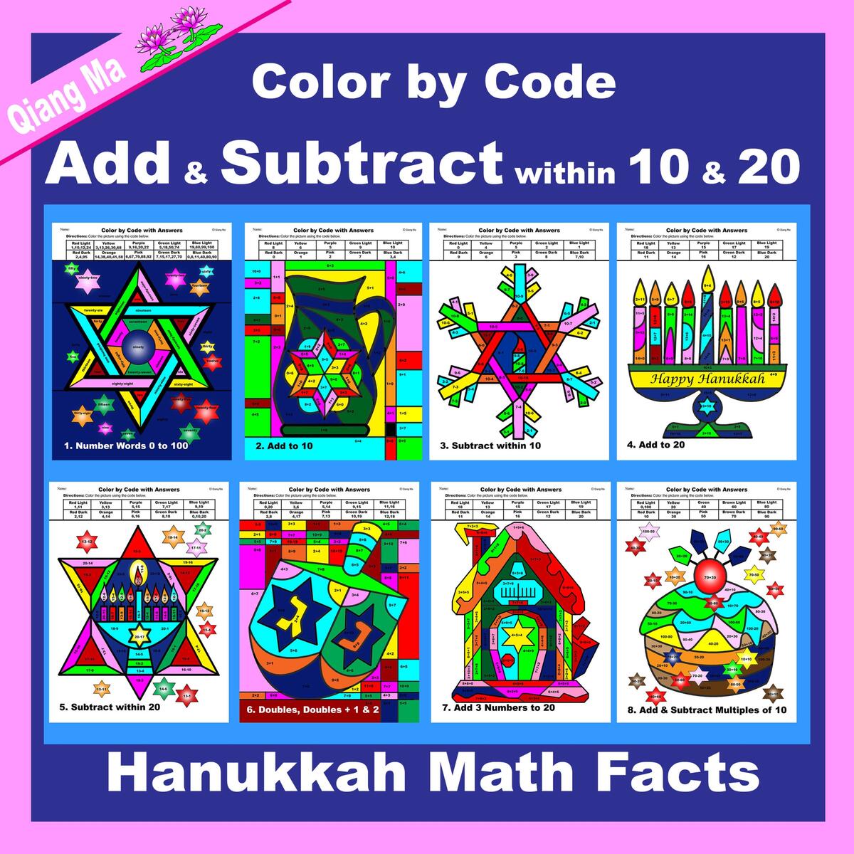 Hanukkah Color By Code Add And Subtract Within 10 And 20 Made By Teachers