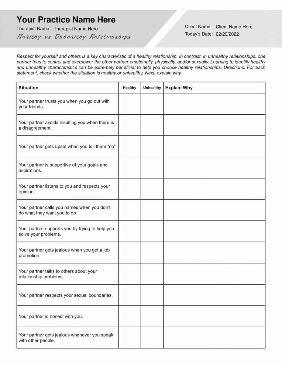 Healthy Vs Unhealthy Relationships Worksheet PDF TherapyByPro