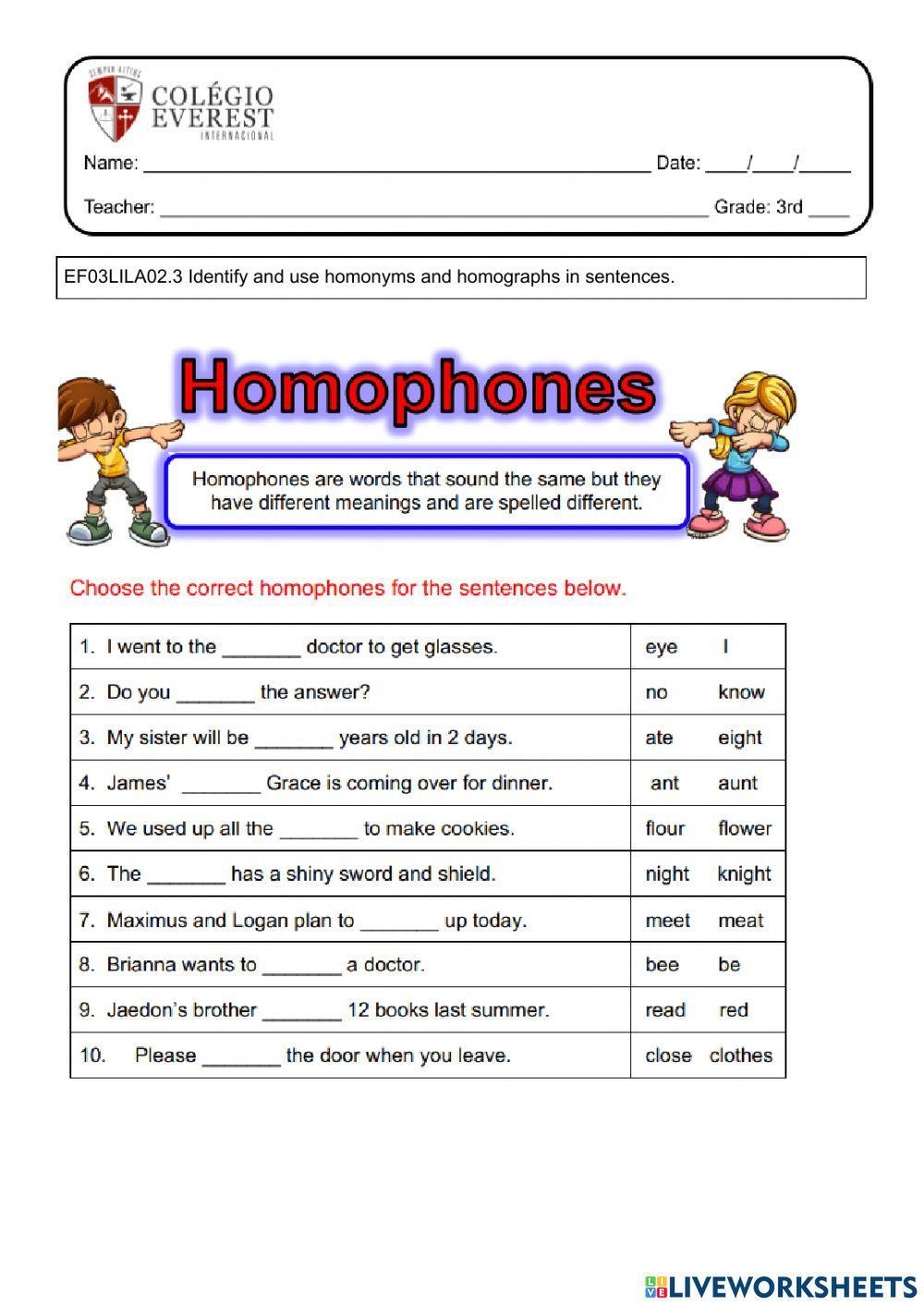Homophones Online Exercise For Grade 2 Worksheets Library