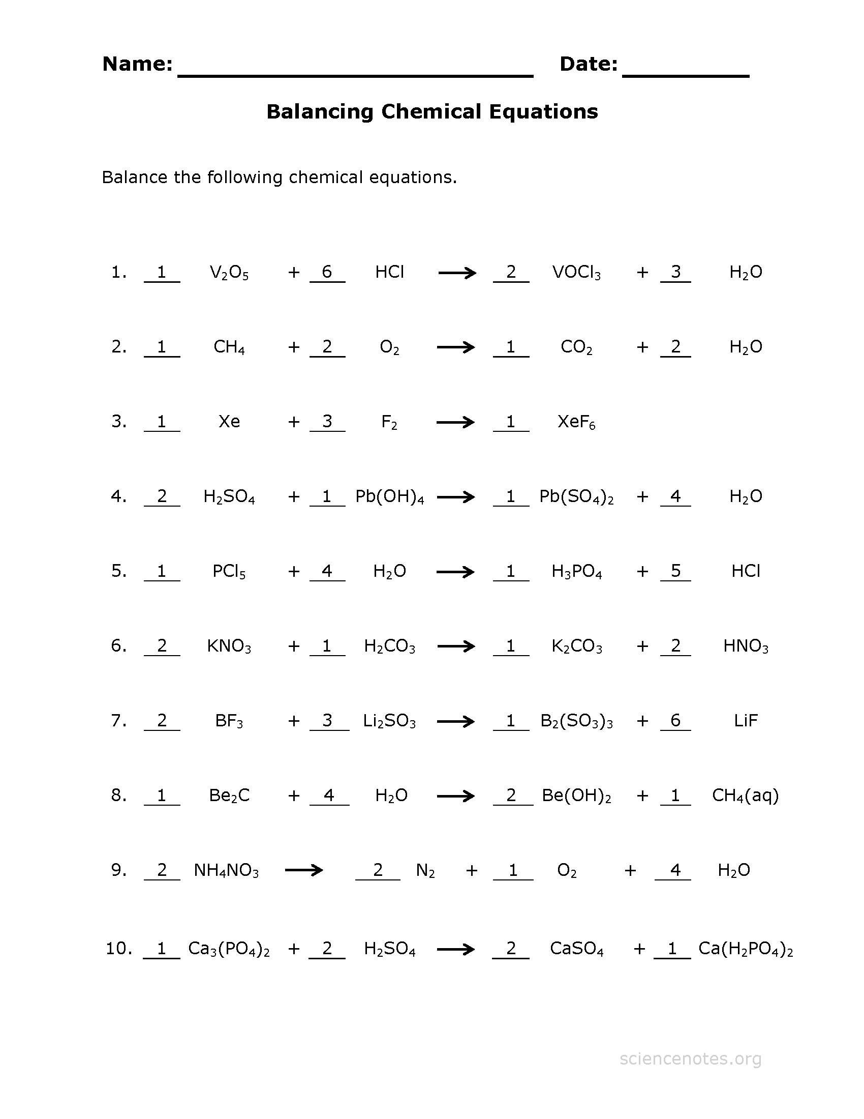 49 Balancing Chemical Equations Worksheets With Answers