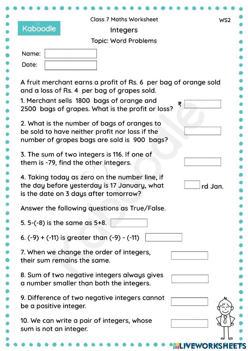 Integers Word Problems Interactive Worksheet Worksheets Library
