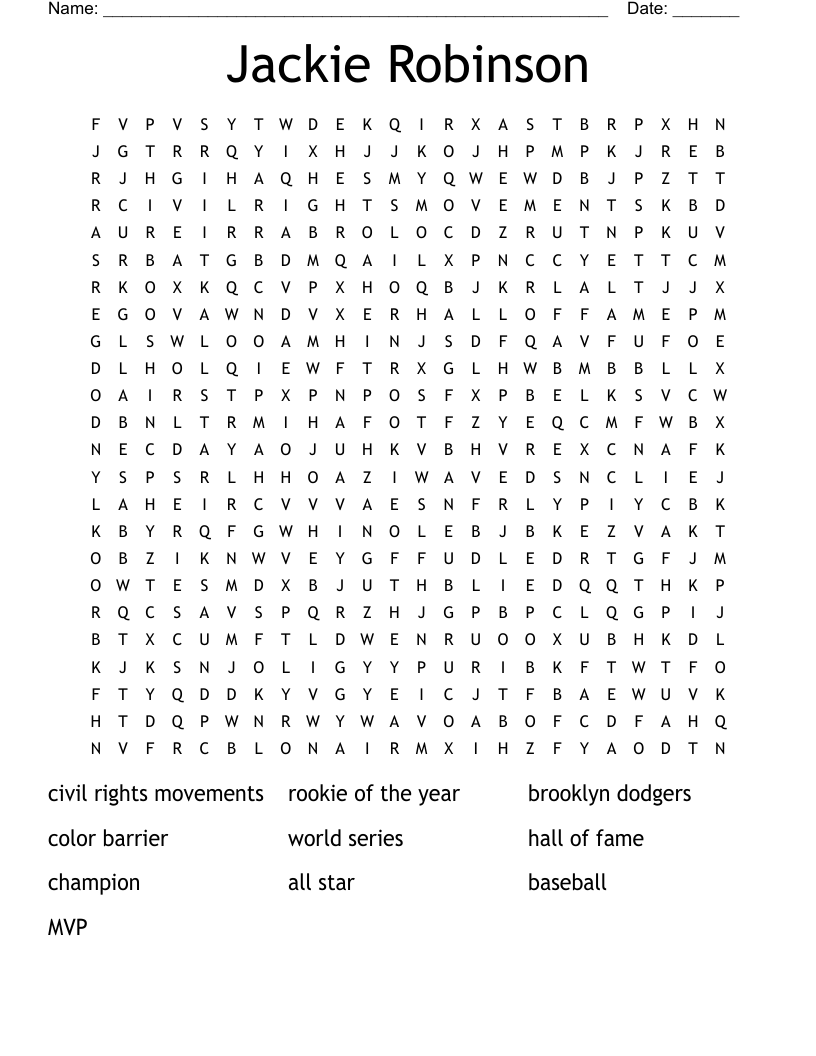 Jackie Robinson Word Search WordMint