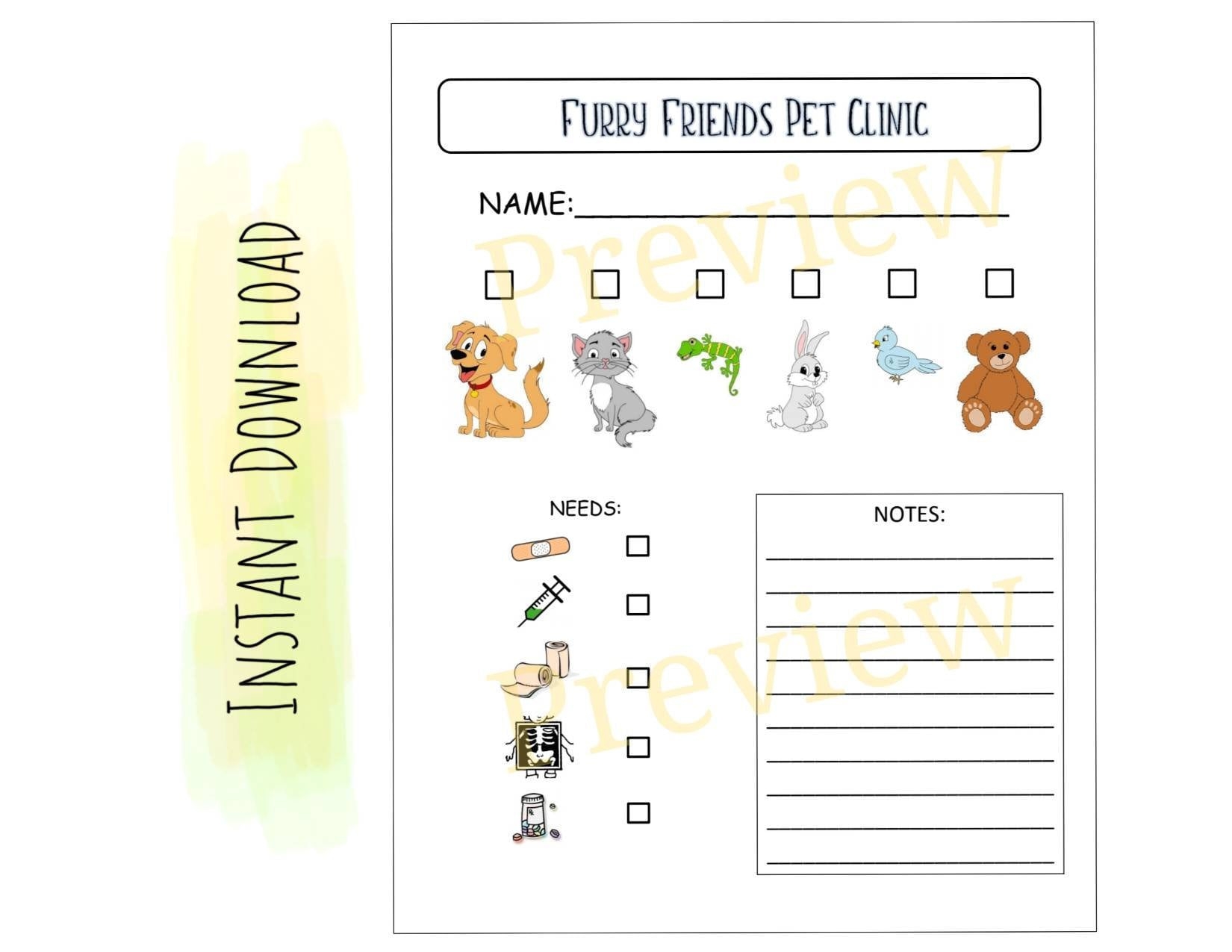 Kids Printable Vet Form Preschoolers Pretend Play Etsy