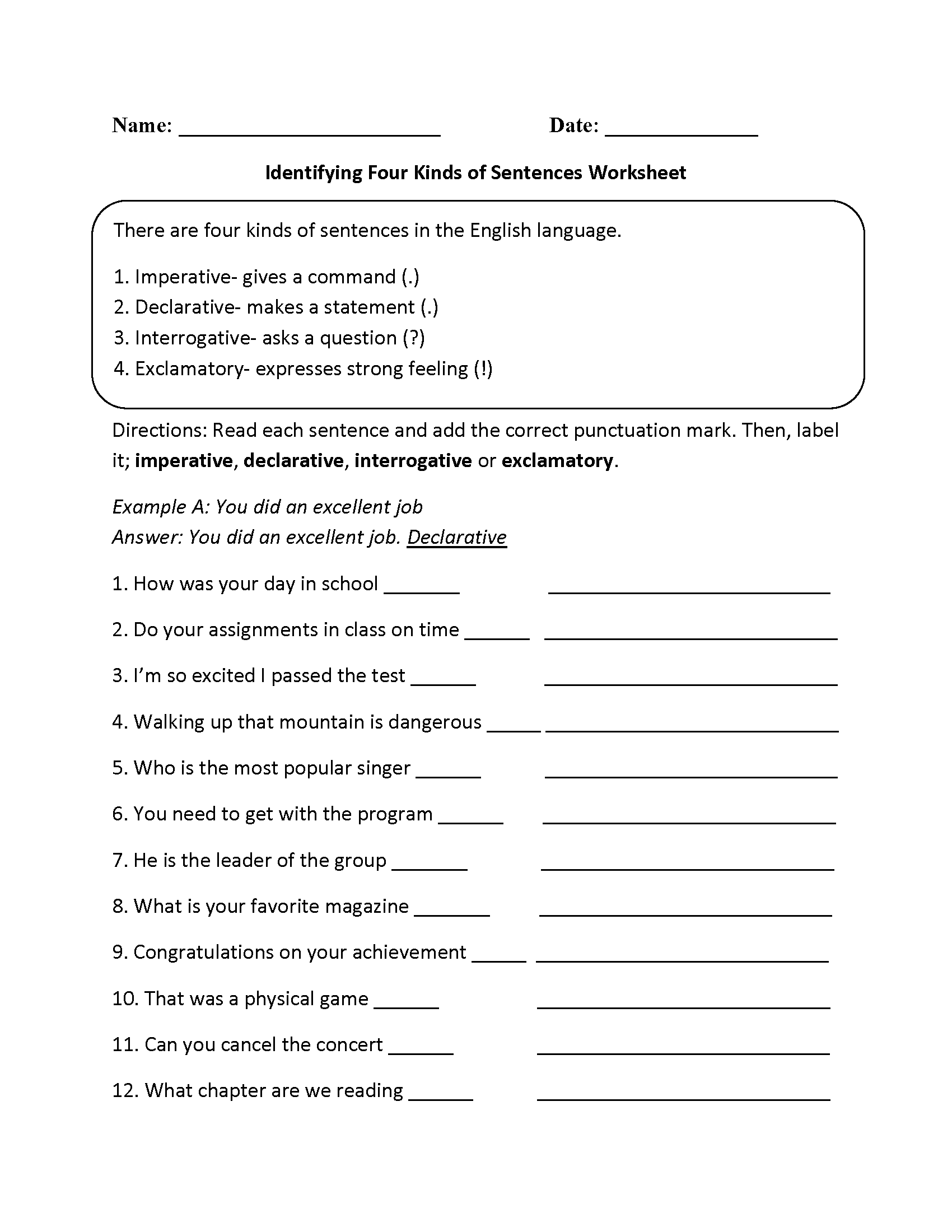 Sentence Types Worksheet Sentence Structure Activity