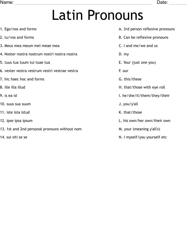 Latin Pronouns Worksheet WordMint