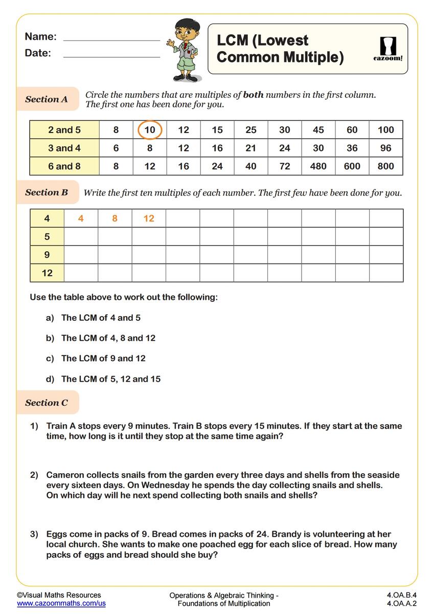 LCM Lowest Common Multiple PDF Printable Operations And Algebraic Thinking Worksheets Cazoom Math