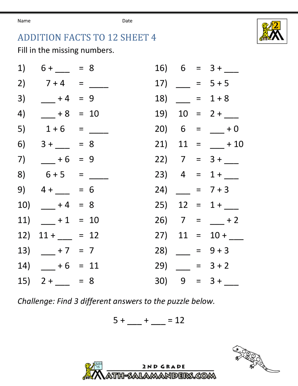 Learning Addition Facts To 12
