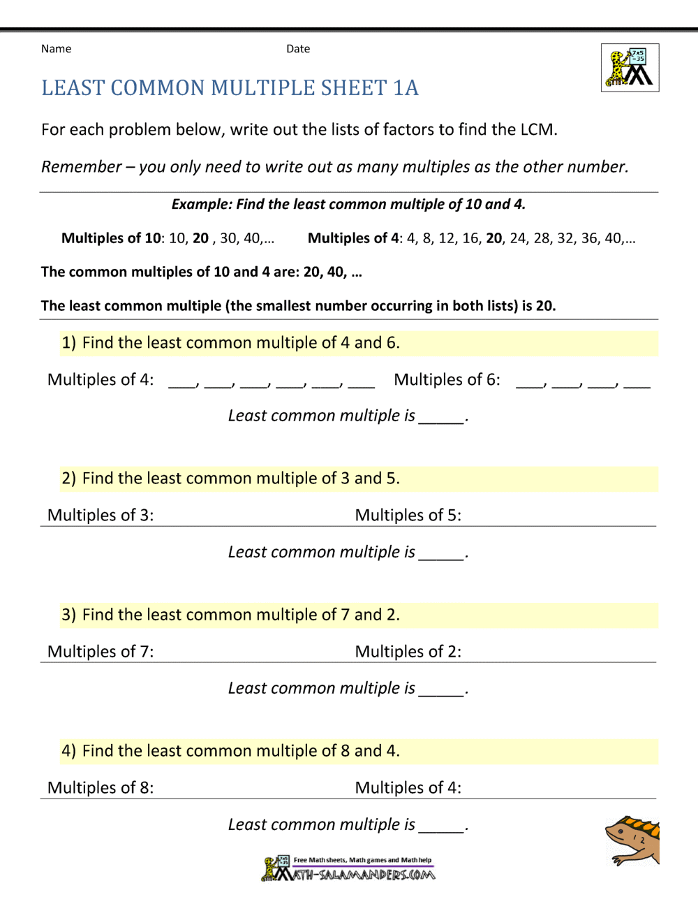LCM Lowest Common Multiple PDF Printable Operations And Algebraic Thinking Worksheets Cazoom Math