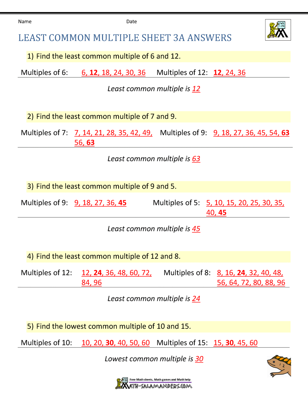 Least Common Multiple Worksheets Page Least Common Multiple Worksheets Page