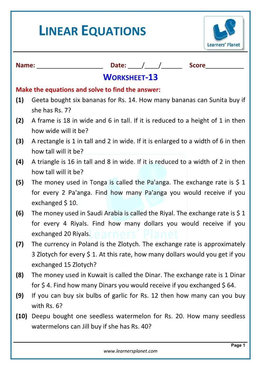 Free Worksheets For Linear Equations Grades 6 9 Pre Algebra Algebra 1