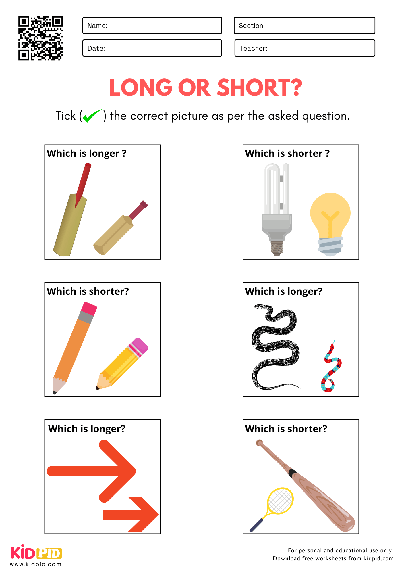 Long Or Short Size Comparison Worksheet For Kindergarten Kidpid