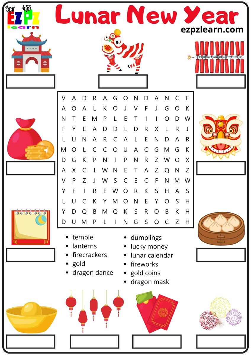 Lunar And Chinese New Year Vocabulary Word Search And Match The Words Activity For Kids And English Language Learners PDF Ezpzlearn