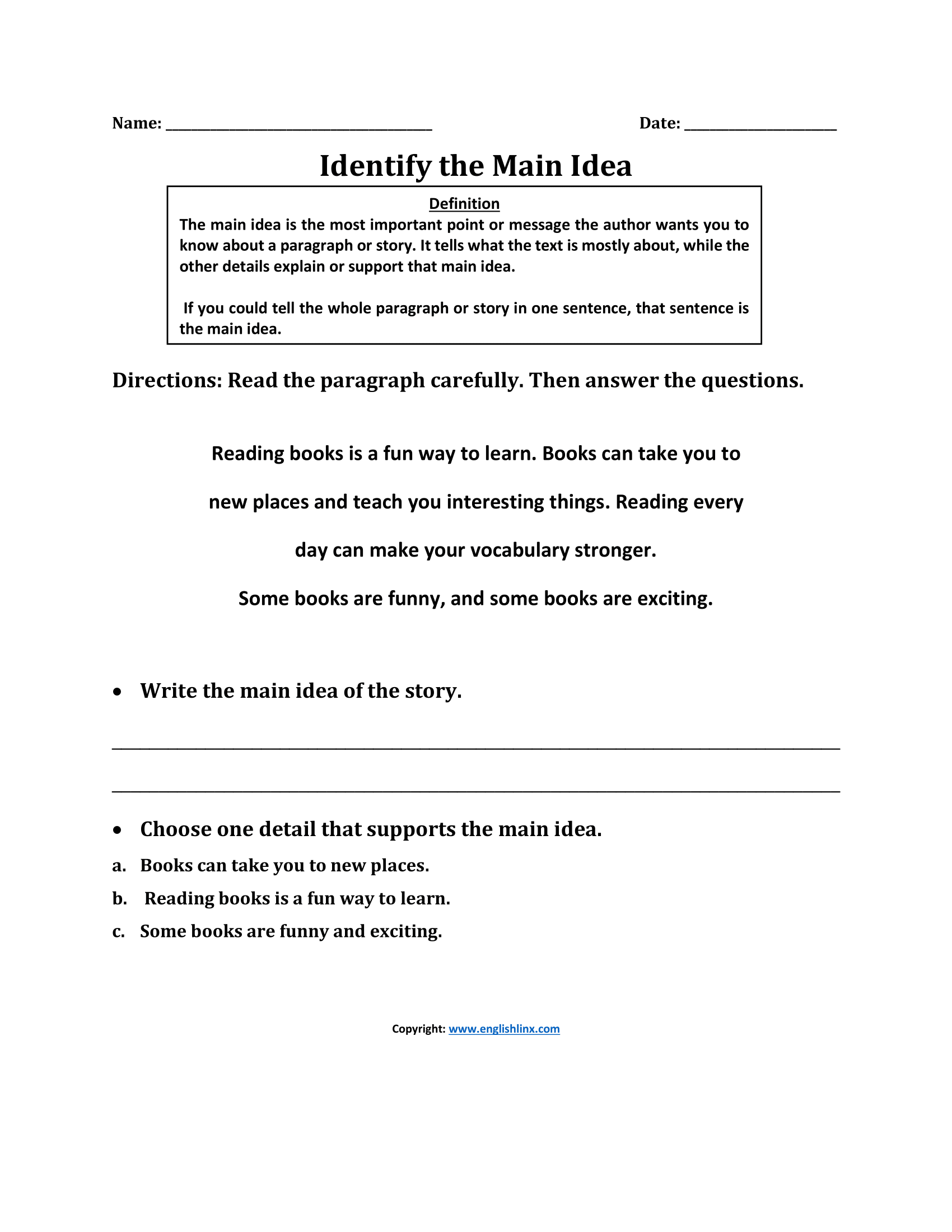 Main Idea With Supporting Details Worksheet Worksheets Library