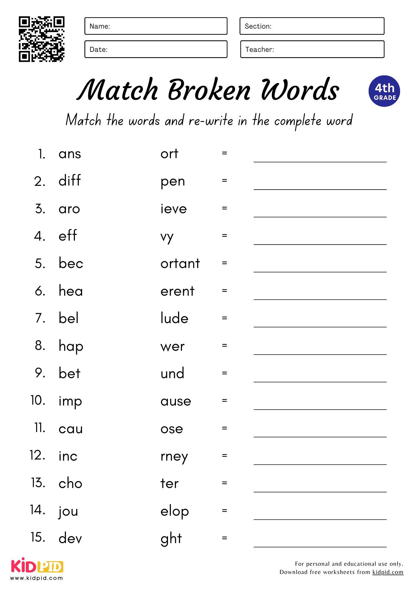 Match And Complete The Words Worksheet For Grade 4 Kidpid Class 4 Spelling Word Puzzle Worksheet Free Printable PDF
