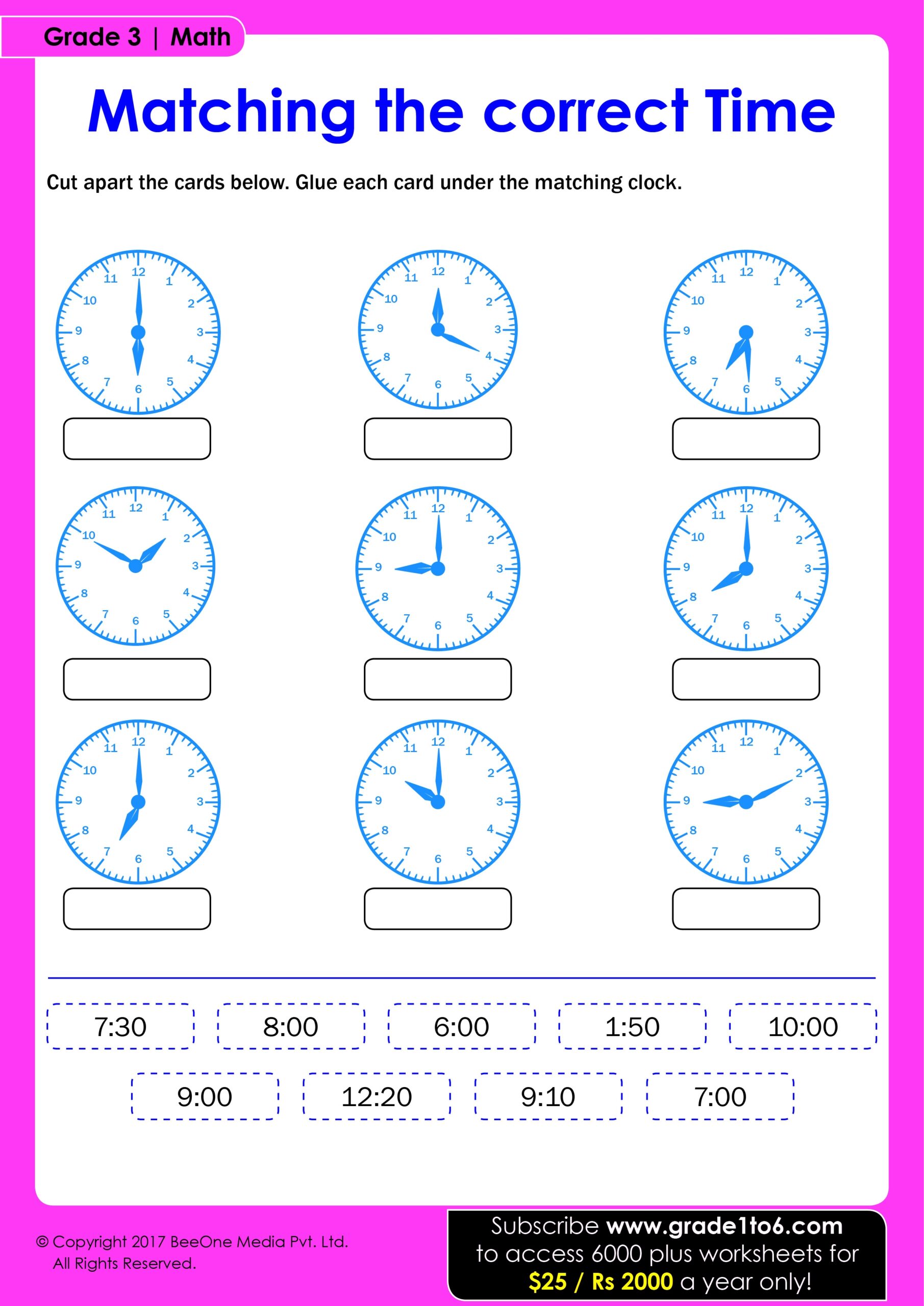 Matching The Correct Time Worksheet Grade1to6