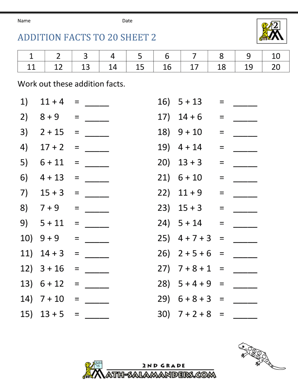 Math Addition Facts To 20