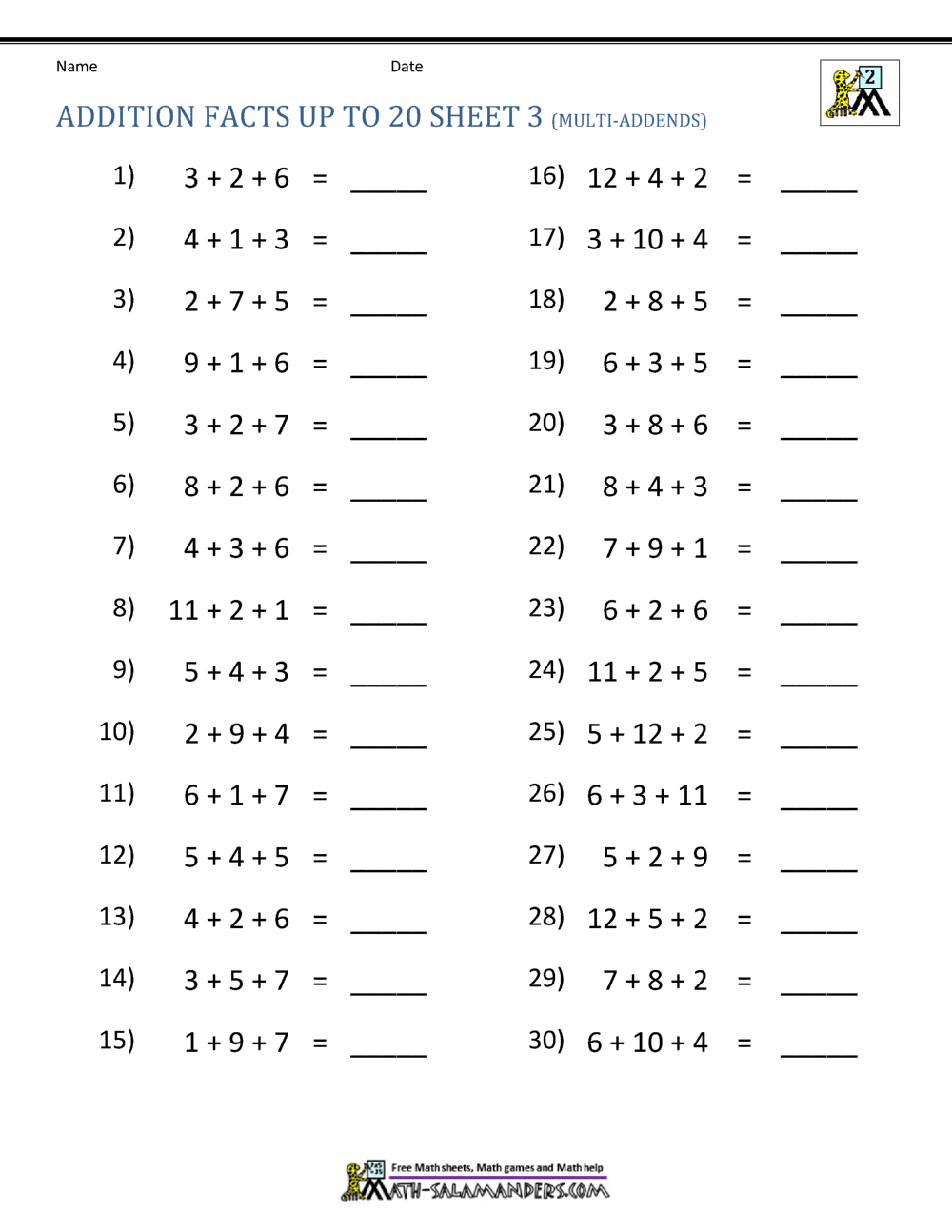 Math Addition Facts To 20