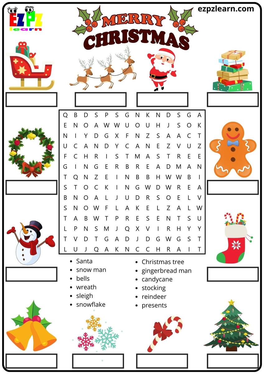 Merry Christmas Vocabulary Word Search And Match The Words Activity For Kids Ezpzlearn