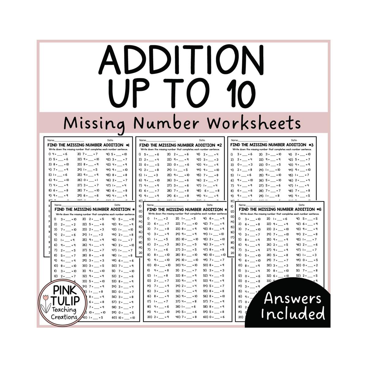 Missing Number Up To 10 Addition Worksheets Mental Math Or Early Finisher Etsy