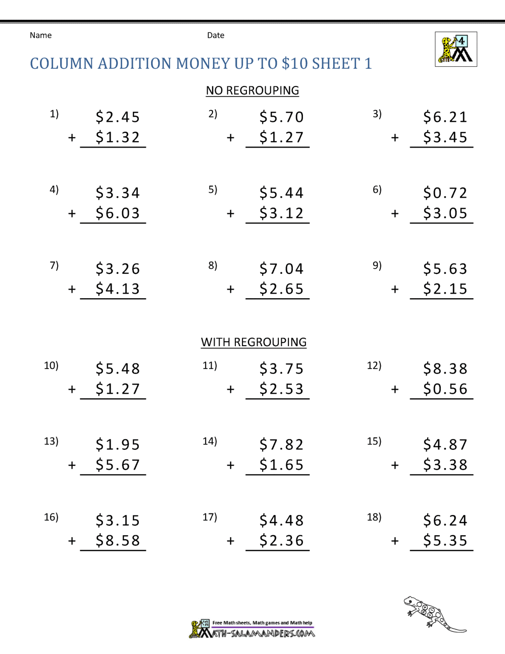Money Addition Worksheet Collection 4th Grade