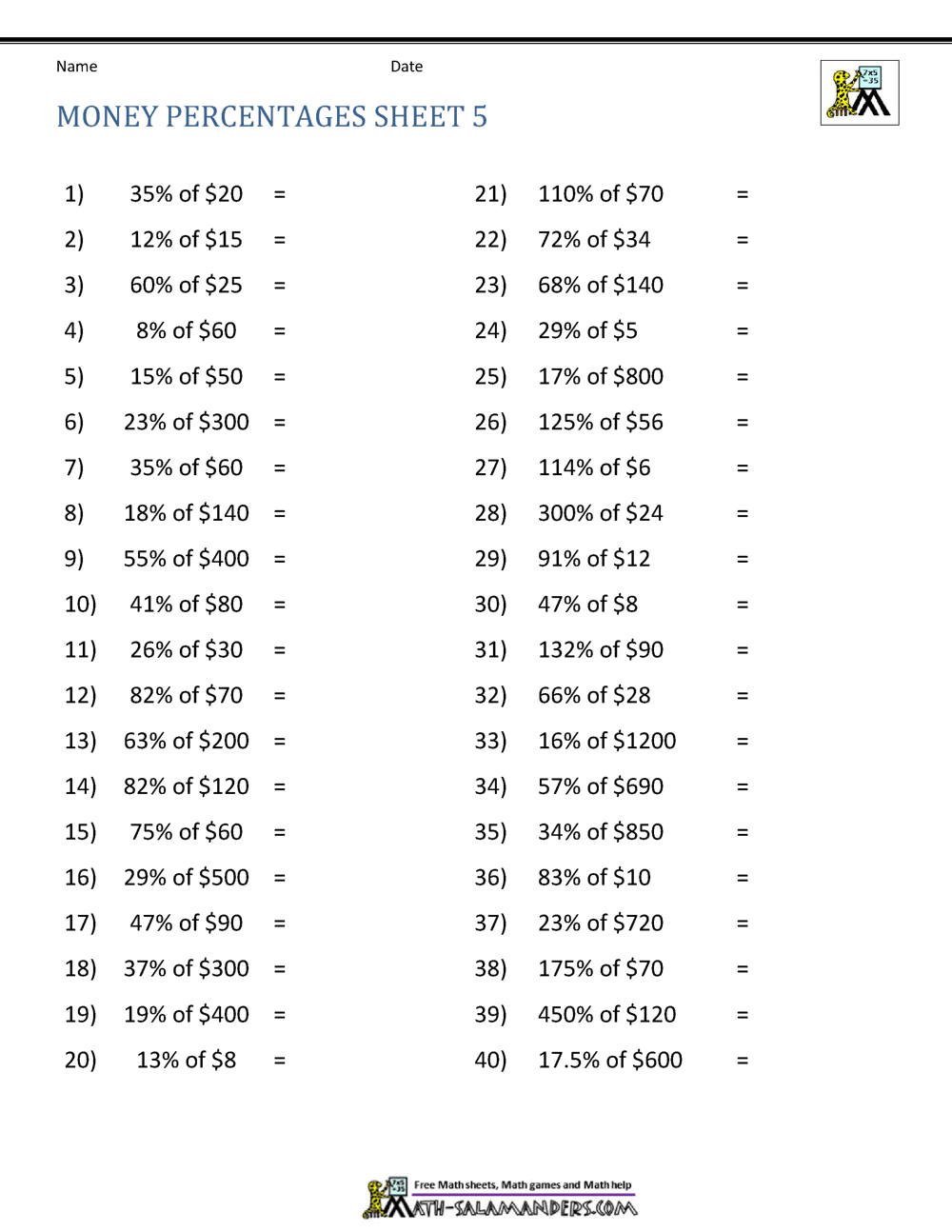 Money Percentage Worksheets Money Percentage Worksheets