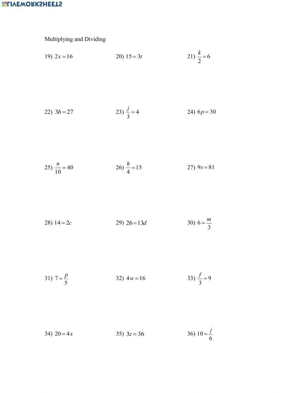 One Step Equations Worksheets Etsy