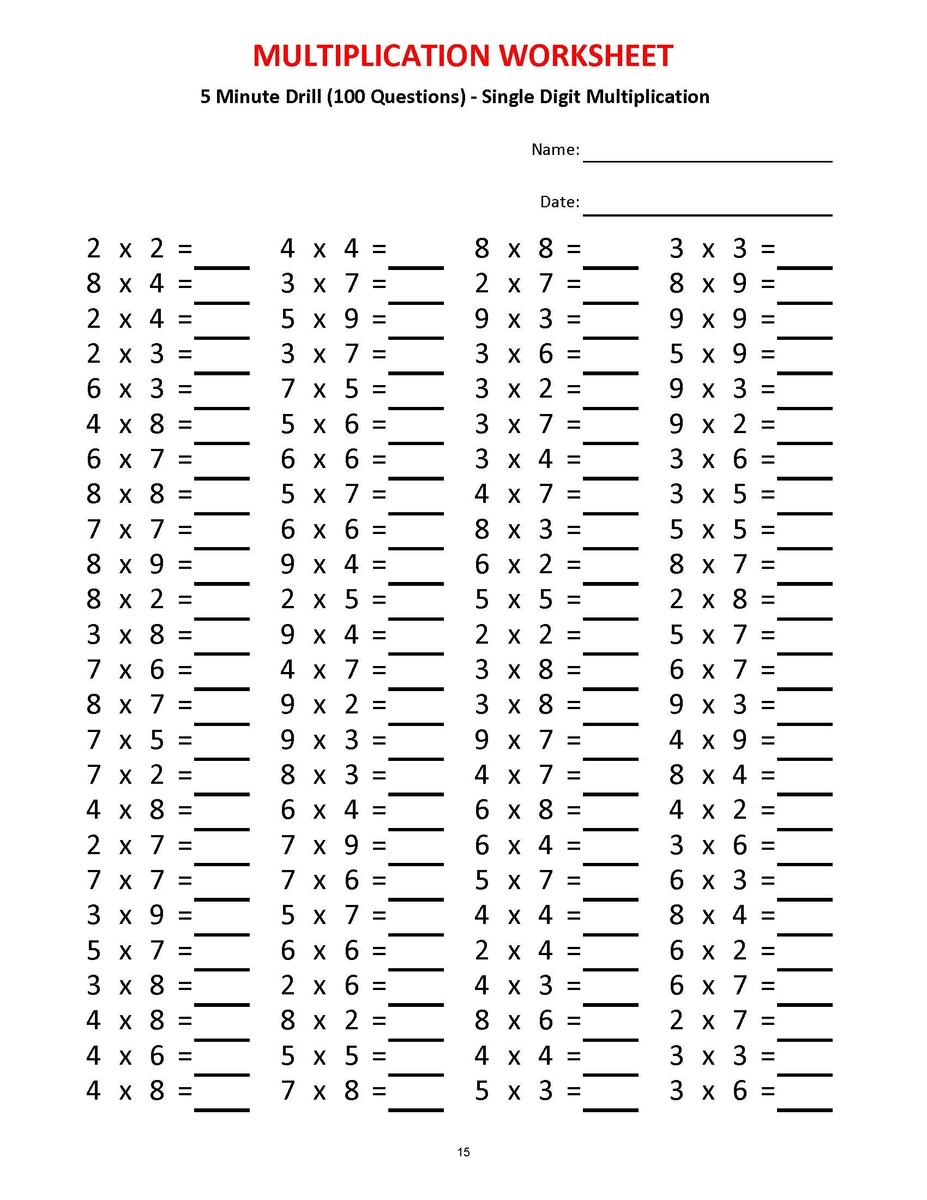 Multiplication 5 Minute Drill Worksheets Grade 2 4 PDF Download Etsy UK