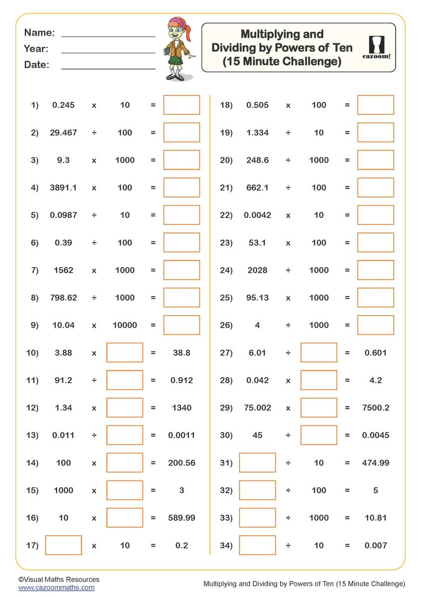 Multiplying And Dividing By Powers Of Ten Worksheet 15 Minute Challenge Fun And Engaging Year 5 PDF Worksheets