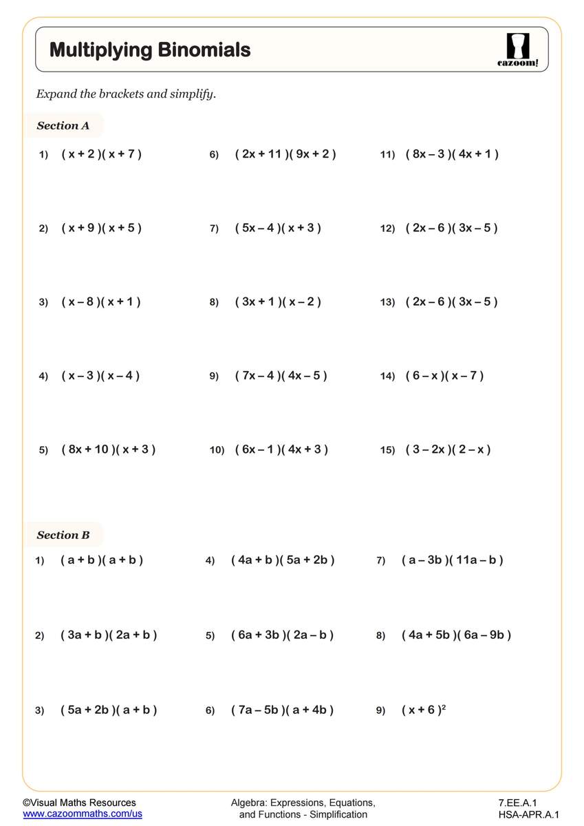 Multiplying Binomials Worksheet PDF Printable Algebra Worksheet Cazoom Math Multiplying Binomials Worksheet PDF Printable Algebra Worksheet Cazoom Math