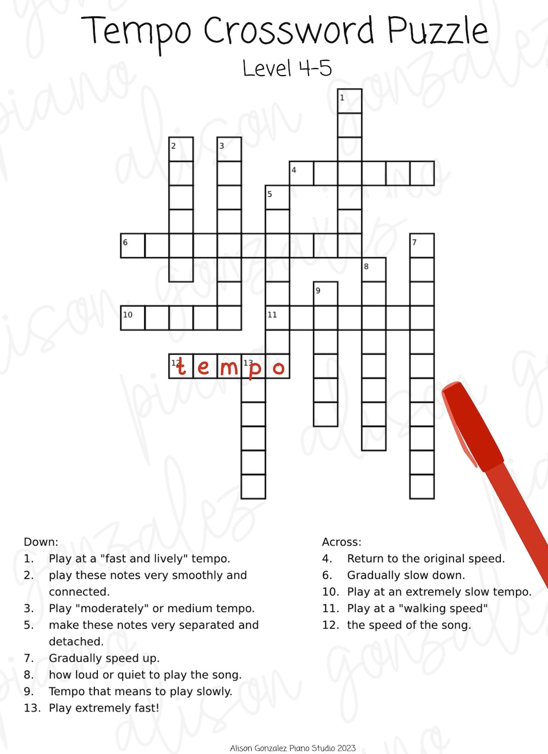 Music Tempo Crossword Puzzle Piano Lesson Activity Digital Download Etsy
