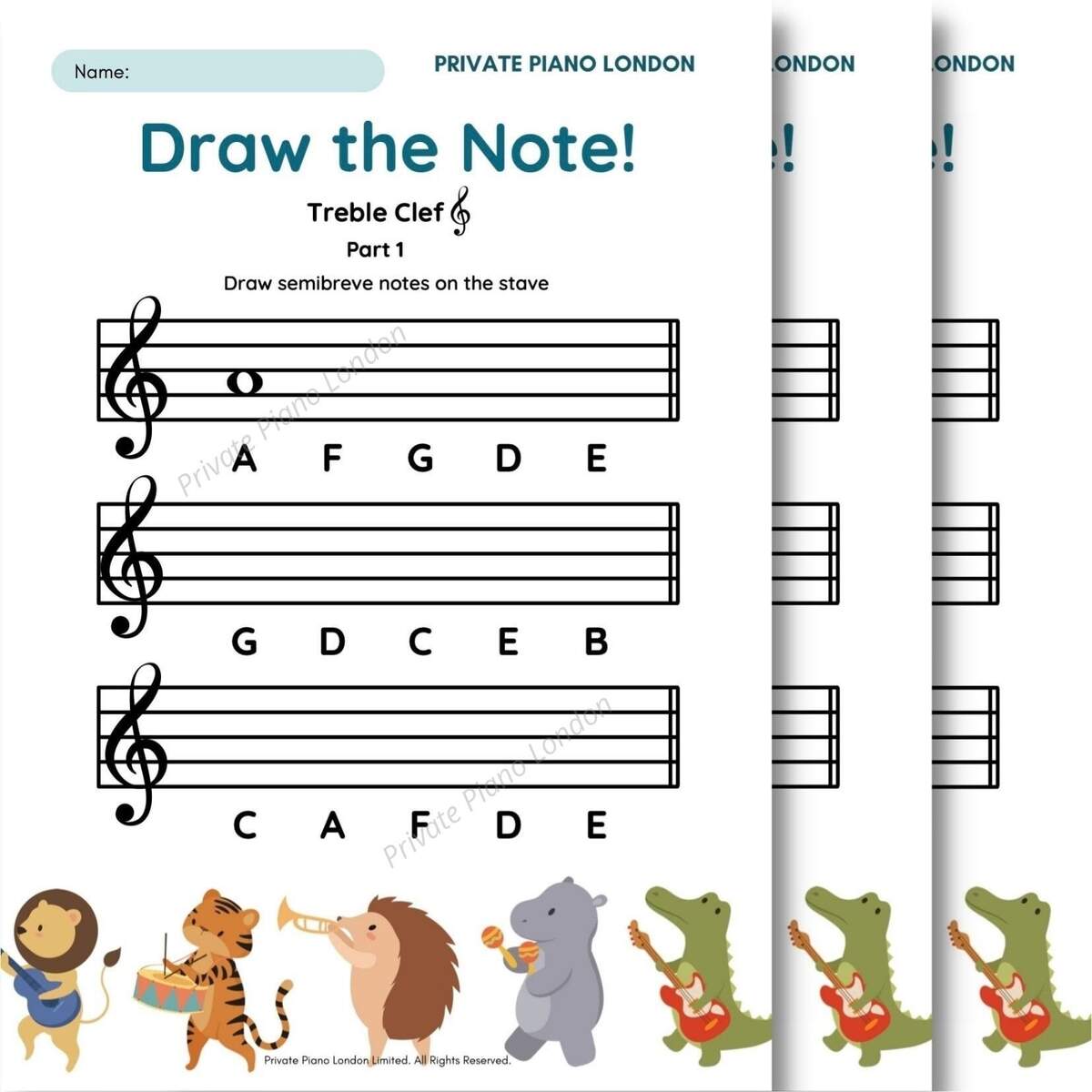 Music Theory For Children Draw The Note Treble Clef 4 Worksheets Etsy