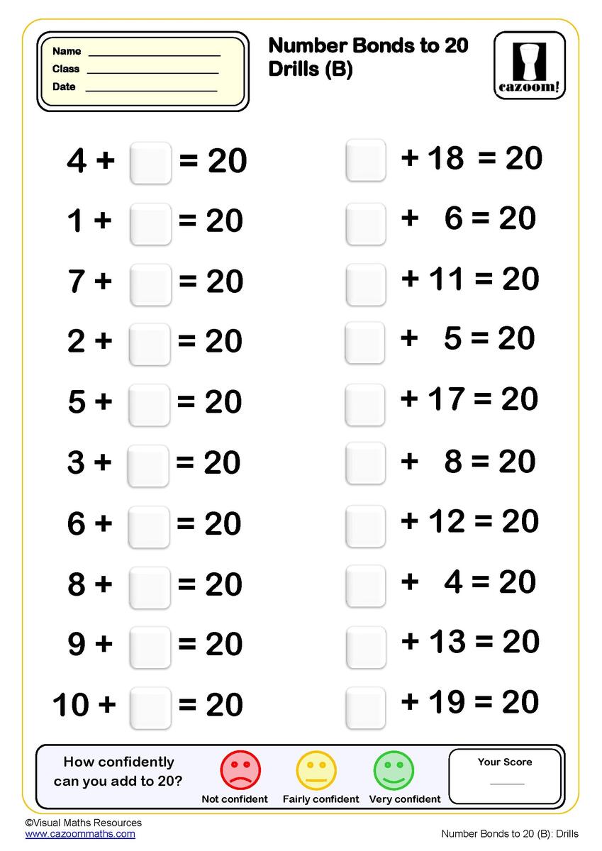 Number Bonds To 20 Drills Worksheet B 20 Questions Key Stage 1 PDF Addition Worksheets Number Bonds To 20 Drills Worksheet B 20 Questions Key Stage 1 PDF Addition Worksheets