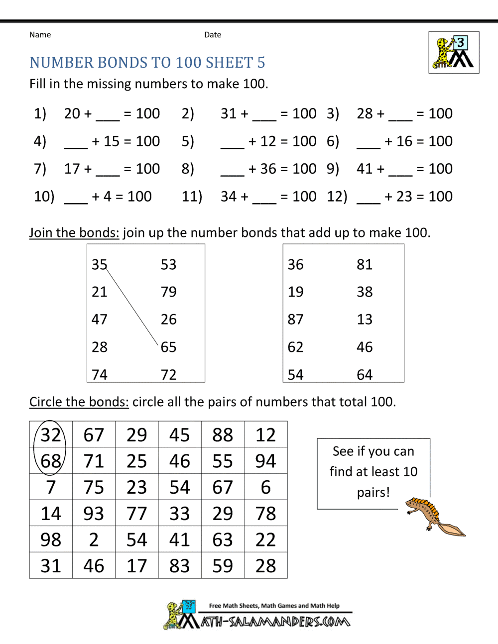Number Bonds Worksheets To 100 Number Bonds Worksheets To 100