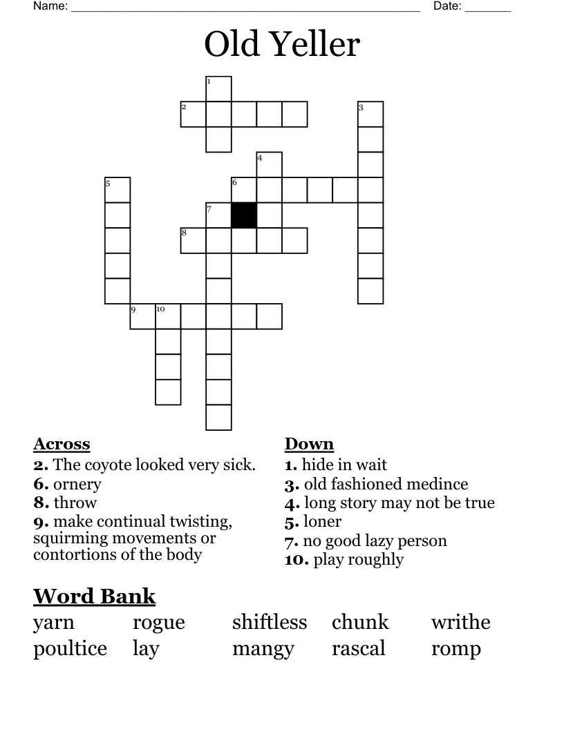 Old Yeller Vocab 1 3 Matching Worksheet WordMint Worksheets Library Old Yeller Novel Study Guide Grades 5 To 6 EBook Lesson Worksheets Library