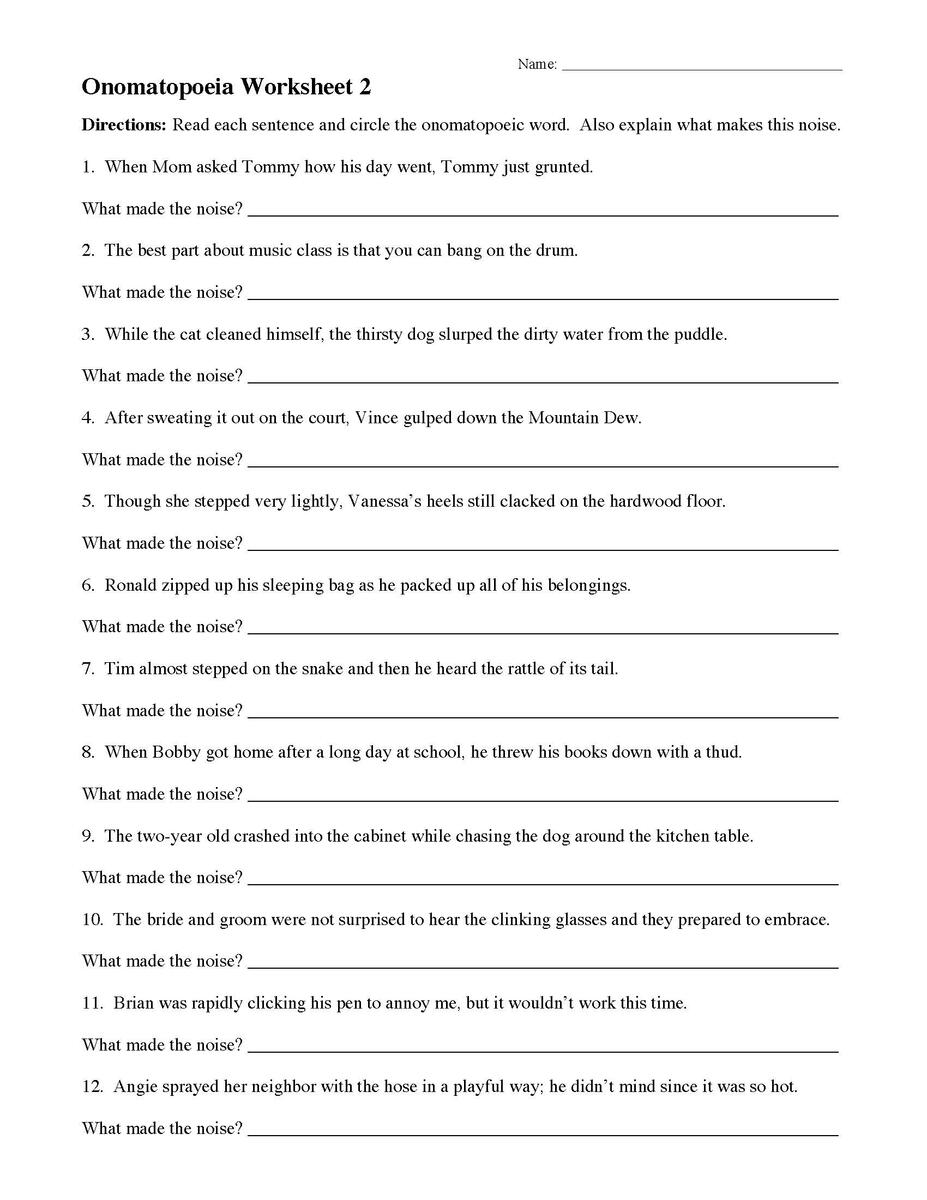 Onomatopoeia Worksheet 2 Poetic Devices Activity