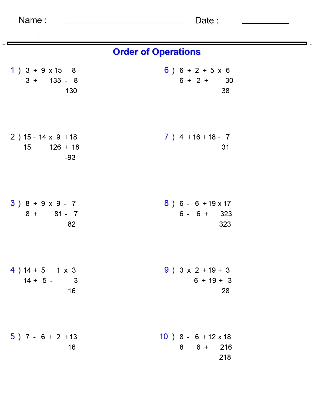 Order Of Operations Without Division Worksheets Add Subtract And Multiply Made By Teachers Order Of Operations Without Division Worksheets Add Subtract And Multiply Made By Teachers
