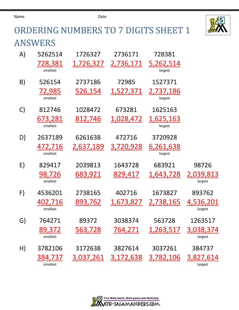 Ordering Large Numbers 5th Grade