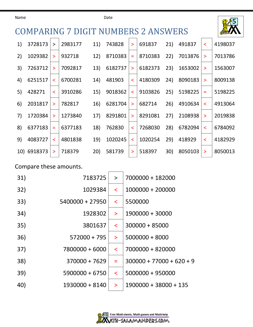 Ordering Large Numbers 5th Grade