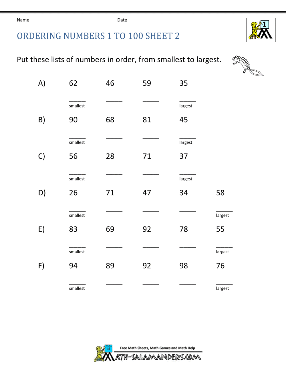Ordering Numbers Worksheet Up To 99