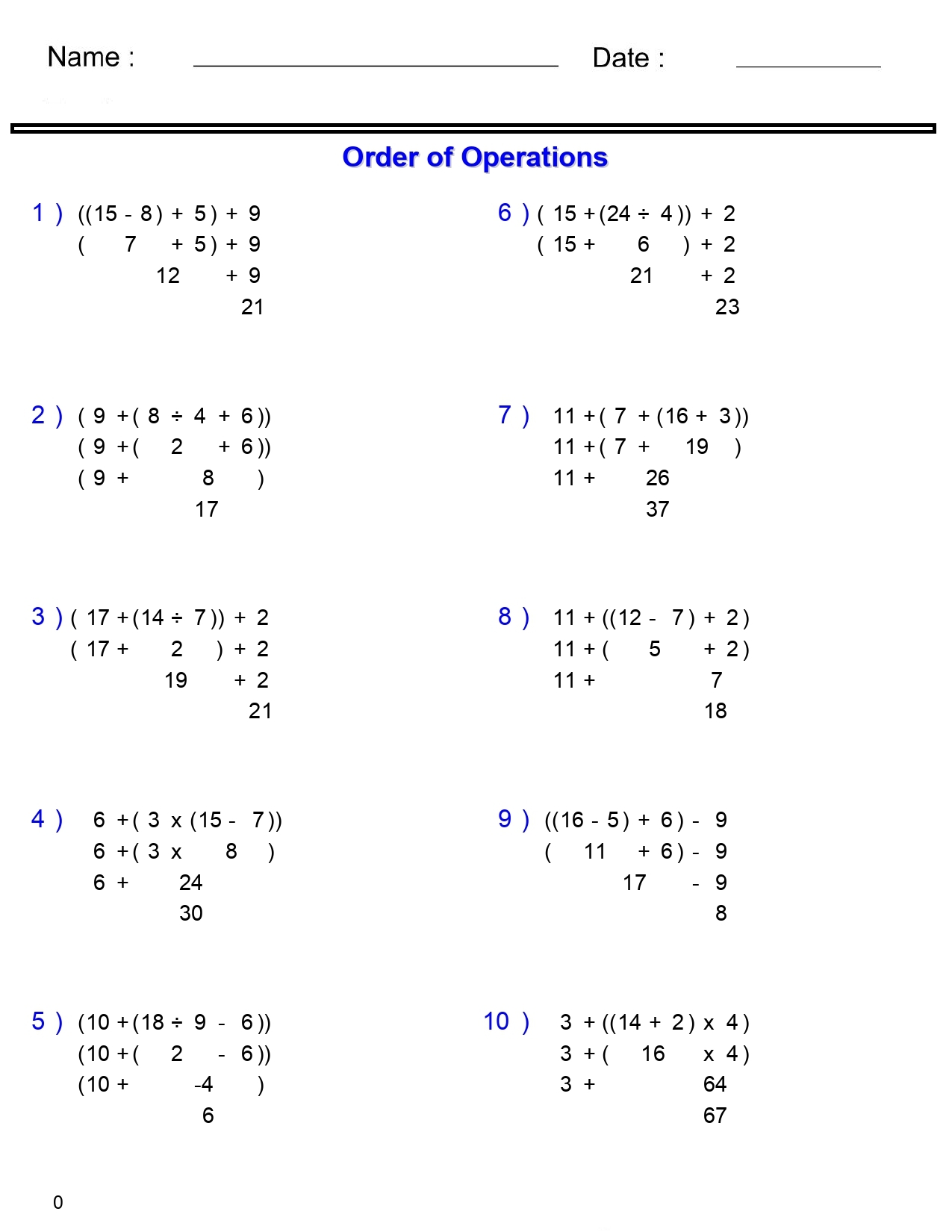 6th Grade Order Of Operations Worksheets