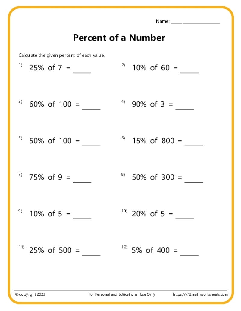 Percent Of A Number Worksheets Finding Percentage Worksheets
