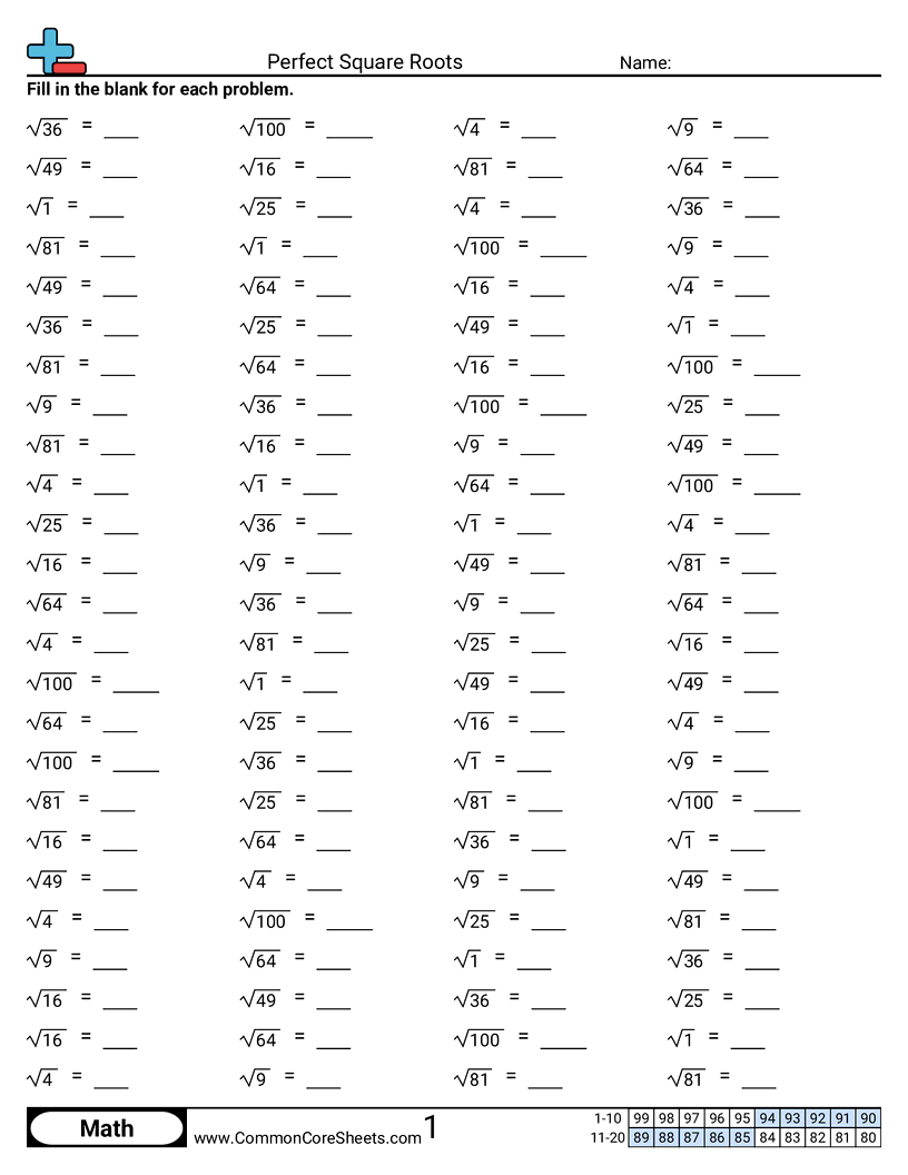 Perfect Square Roots Worksheet Download Free Printable Square Root Charts