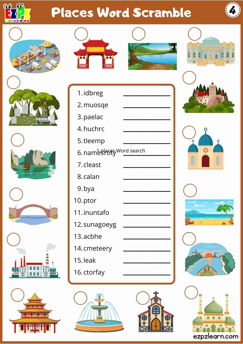 Places In The City Word Scramble Activity Free PDF For Primary Students English Language Learners 4 4 Ezpzlearn Places In The City Fill In The Missing Letters Worksheet Free PDF For Primary Students English Language Learners 1 4 Ezpzlearn