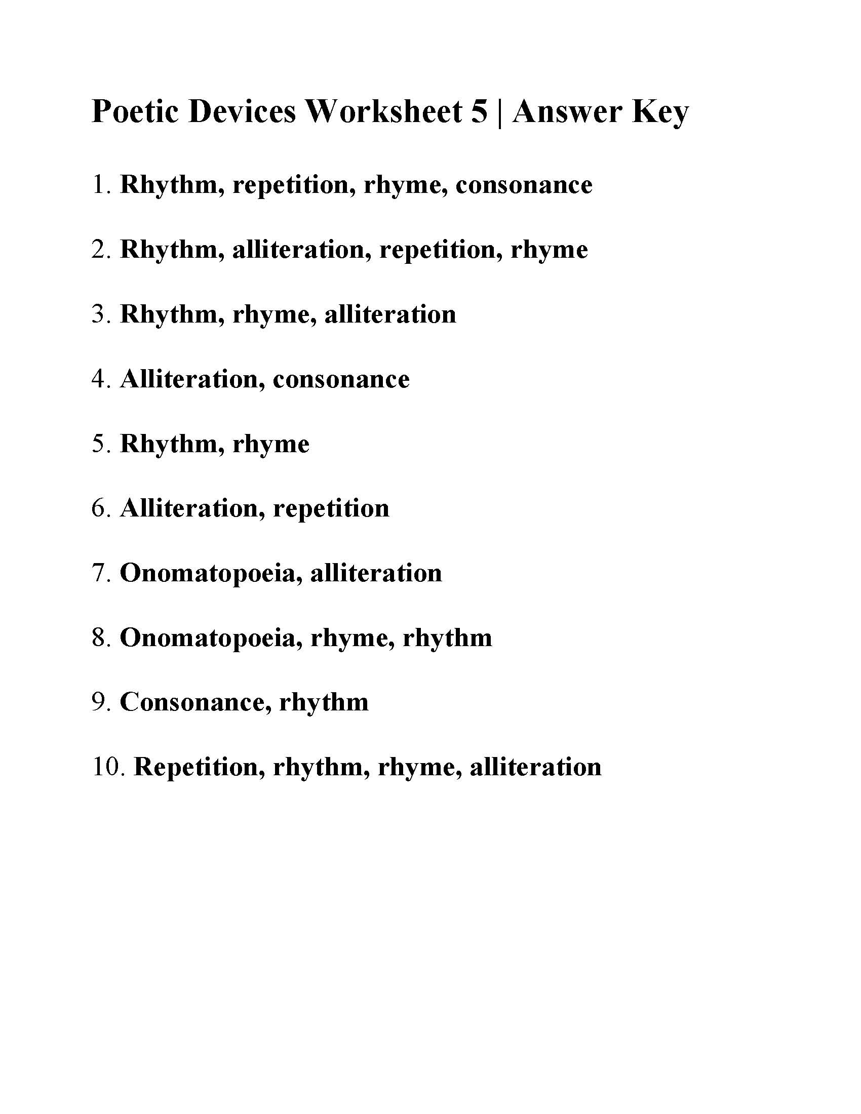 Poetic Devices Worksheet 5 Reading Activity